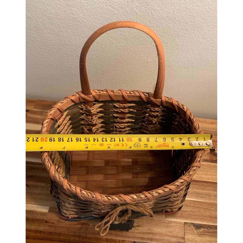 Handmade Rustic Basket with Handle and Wooden Leaf Accents Rustic Decor Woven - Picture 3 of 6